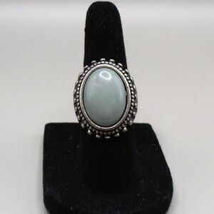VTG Oval Amazonite Style Statement Ring Sz 5 – Silver-Tone Beaded Edge